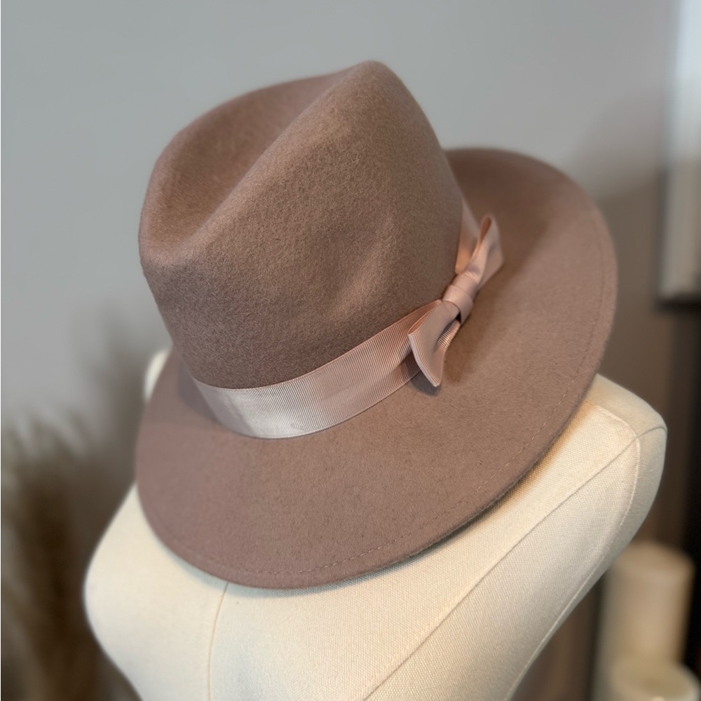 Elegant Tan Fedora with Pink Ribbon